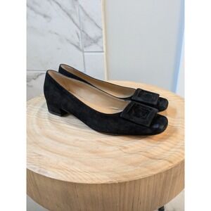 Ann Mashburn Black Suede Square Toe Block Heel Buckle Flats Made in Italy 37.5